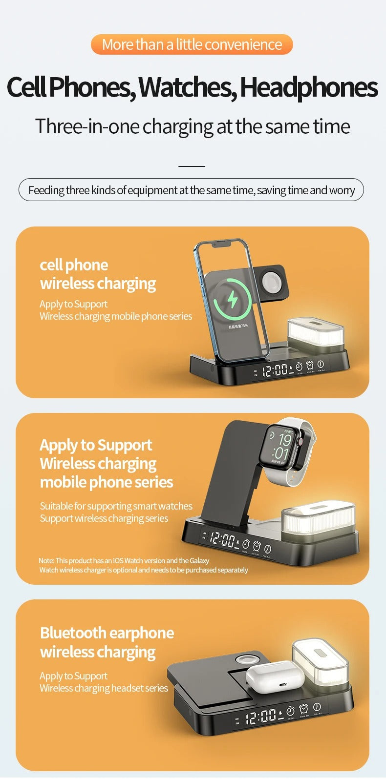 Premium 3 in 1 Wireless Charging Station – 30W Fast Charger Stand with Alarm Clock, Removable RGB Night Light for Phones, Apple Watch, Samsung Watch & AirPods