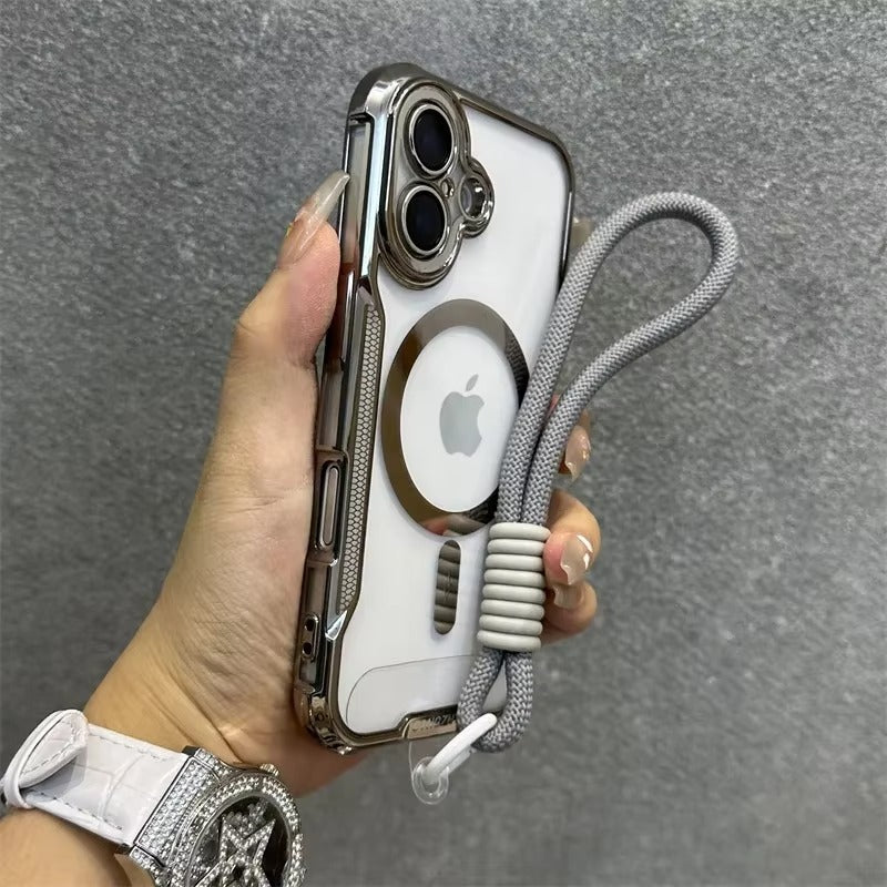 High Quality Apple iPhone Case, MagSafe Compatible, Camera Lens & Screen Protection, Ultra Thin, Shockproof, Magnetic Full All Around Cover – Blade Mecha TPU Transparent Case with Plating Finish & Wrist Strap