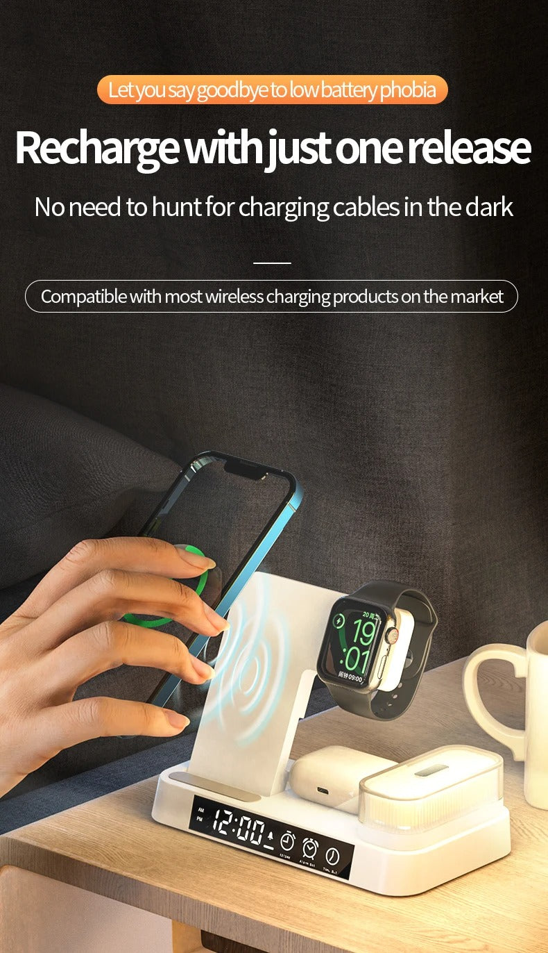 Premium 3 in 1 Wireless Charging Station – 30W Fast Charger Stand with Alarm Clock, Removable RGB Night Light for Phones, Apple Watch, Samsung Watch & AirPods