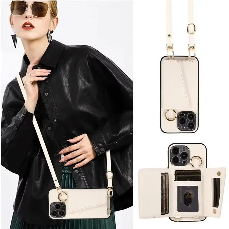 High-End Apple iPhone Case, MagSafe Compatible, Camera Lens & Screen Protection, Ultra Thin, Shockproof, Magnetic Full All Around Cover – Crossbody Leather Wallet Case with Finger Ring Buckle & Card Slots