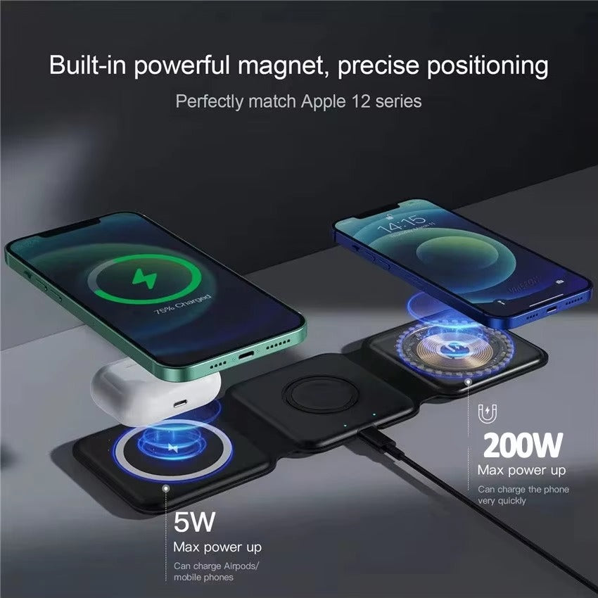 Premium 3 in 1 Magnetic Wireless Charger Pad – Portable Fast Charging Dock for iPhone, Apple Watch, AirPods with Foldable Stand, Type-C, 15W Output