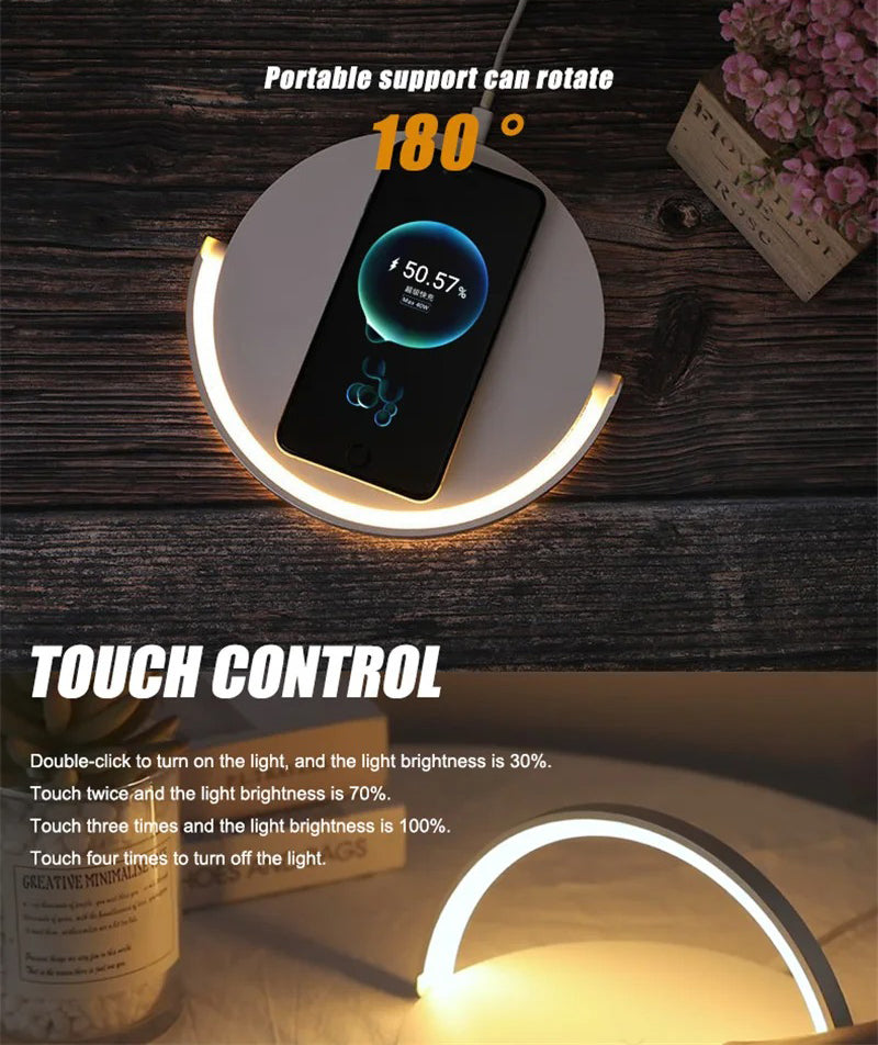 Multifunction 3 in 1 Wireless Charging Station – 10W Fast Charger Pad with LED Desk Lamp, Touch Night Light and Adjustable Stand for iPhone and Samsung