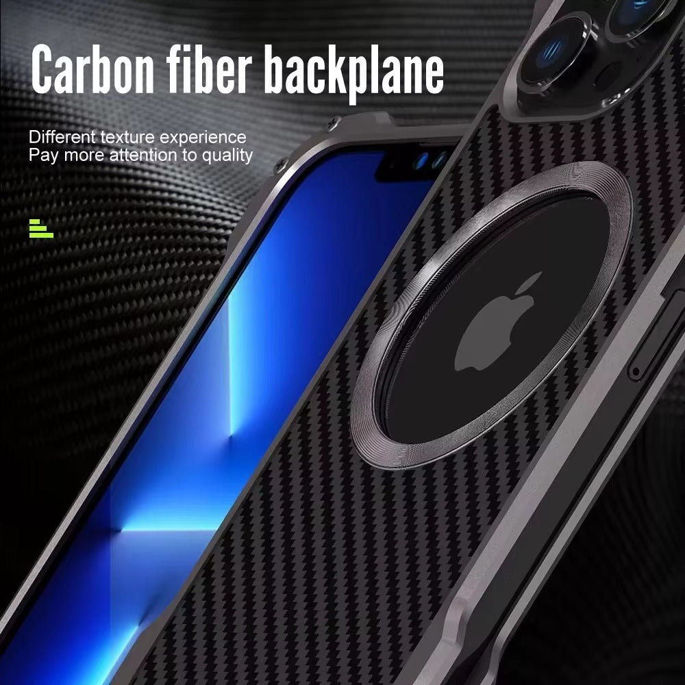 Premium Apple iPhone Case, MagSafe Compatible, Camera Lens & Screen Protection, Ultra Thin, Shockproof, Magnetic Full All Around Cover – Carbon Fiber Metal Case with Anti-Fall Design & Magnetic Back Shell