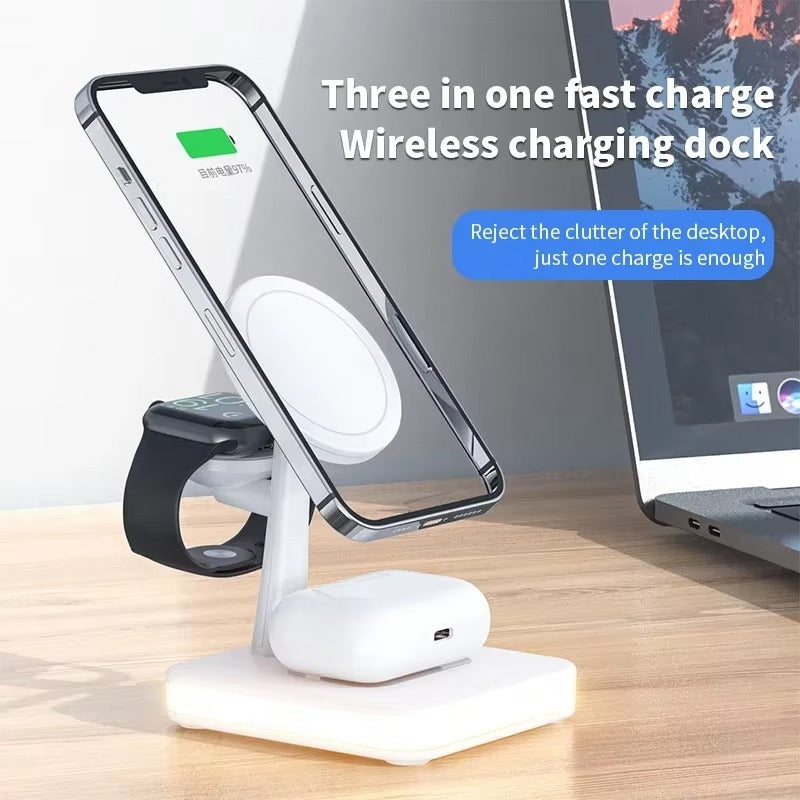 Premium 4 in 1 Magnetic Wireless Charging Station – 30W Fast Charger Stand with LED Lamp, Cooling Fan, USB Output for Phones, AirPods and Apple Watch