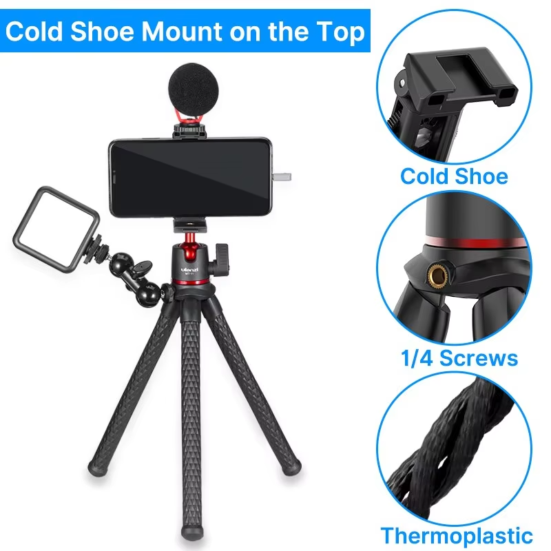 Robust, Flexible Octopus Tripod with Ball Head – Extendable 1/4'' Screw, Cold Shoe, Phone Clip for Camera, and Apple iPhone