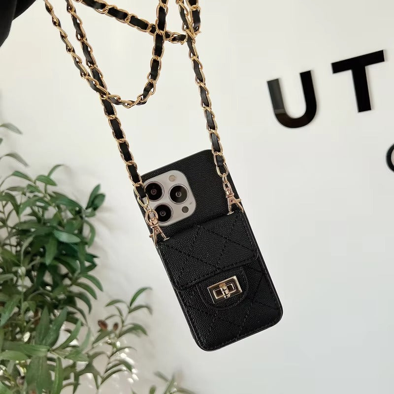 Luxury Apple iPhone Case, MagSafe Compatible, Camera Lens & Screen Protection, Ultra Thin, Shockproof, Magnetic Full All Around Cover – Lingge Envelope Crossbody Card Bag with Long Necklace Strap