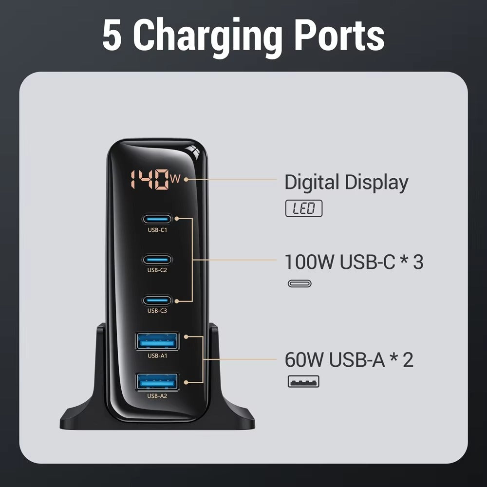 High Quality 140W GaN Desktop Charger – 5 Port Fast Charging Station with USB C PD PPS QC Support for Laptops, Tablets, Phones and Smart Devices