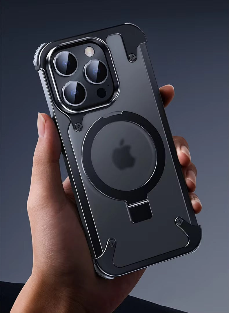 Luxury Edgeless Apple iPhone Case, MagSafe Compatible, Ultra Thin Magnetic  Metal Frame and Aluminum Kickstand