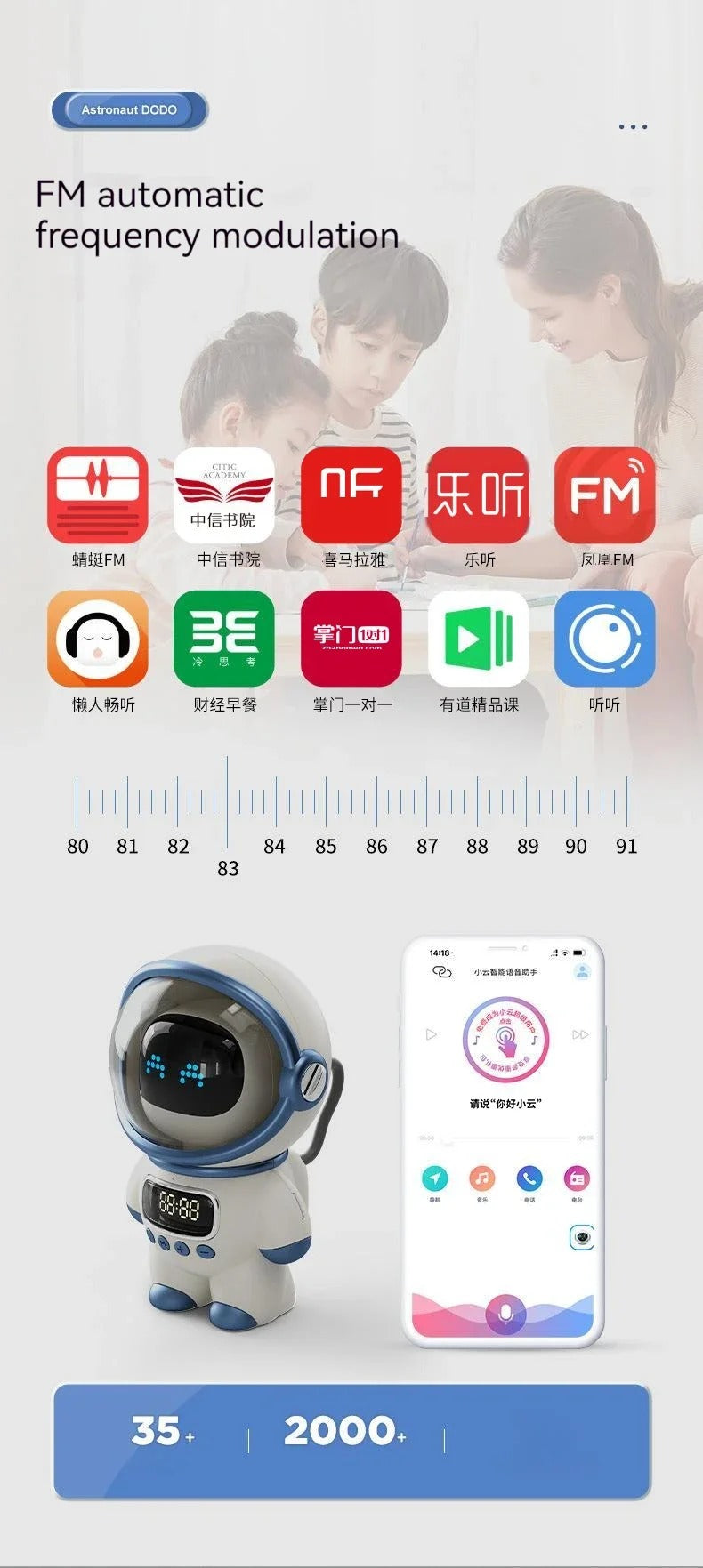 Premium Bluetooth Speaker with Smart Alarm Clock for iPhone – Astronaut Design with FM Radio, Custom Night Light