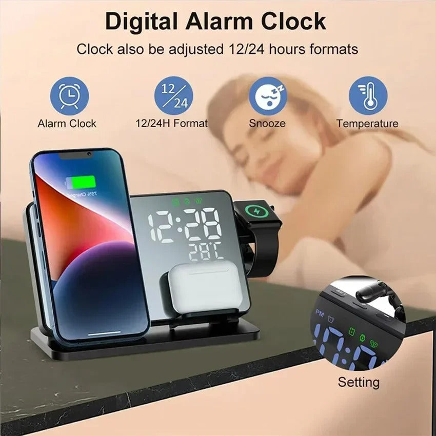 Premium 4 in 1 Wireless Charging Station with Alarm Clock – Fast Charger Stand for iPhone, Apple Watch, AirPods, Samsung Galaxy, Temperature & Date Display