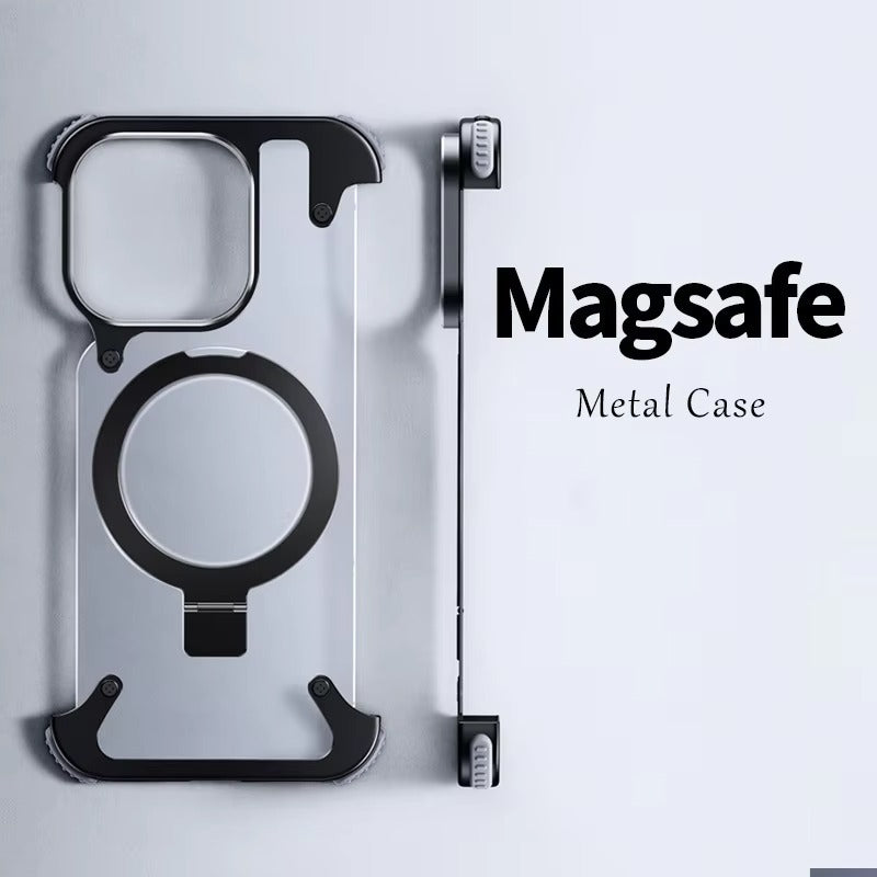 Luxury Edgeless Apple iPhone Case, MagSafe Compatible, Ultra Thin Magnetic  Metal Frame and Aluminum Kickstand