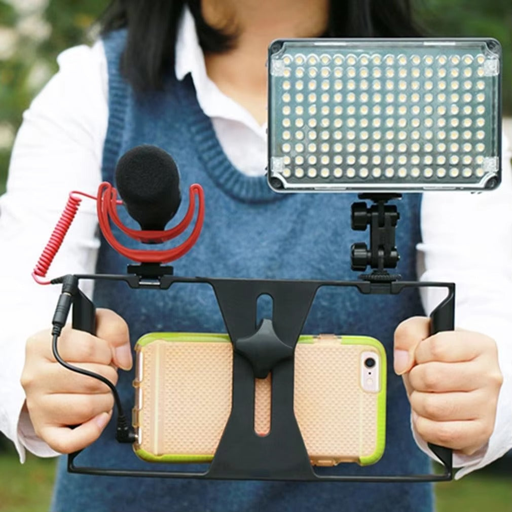 Robust Smartphone Video Rig Stabilizer with Dual Handgrips – Universal Handheld Phone Cage for YouTube, Live Streaming, Vlogging, LED & Mic Mount