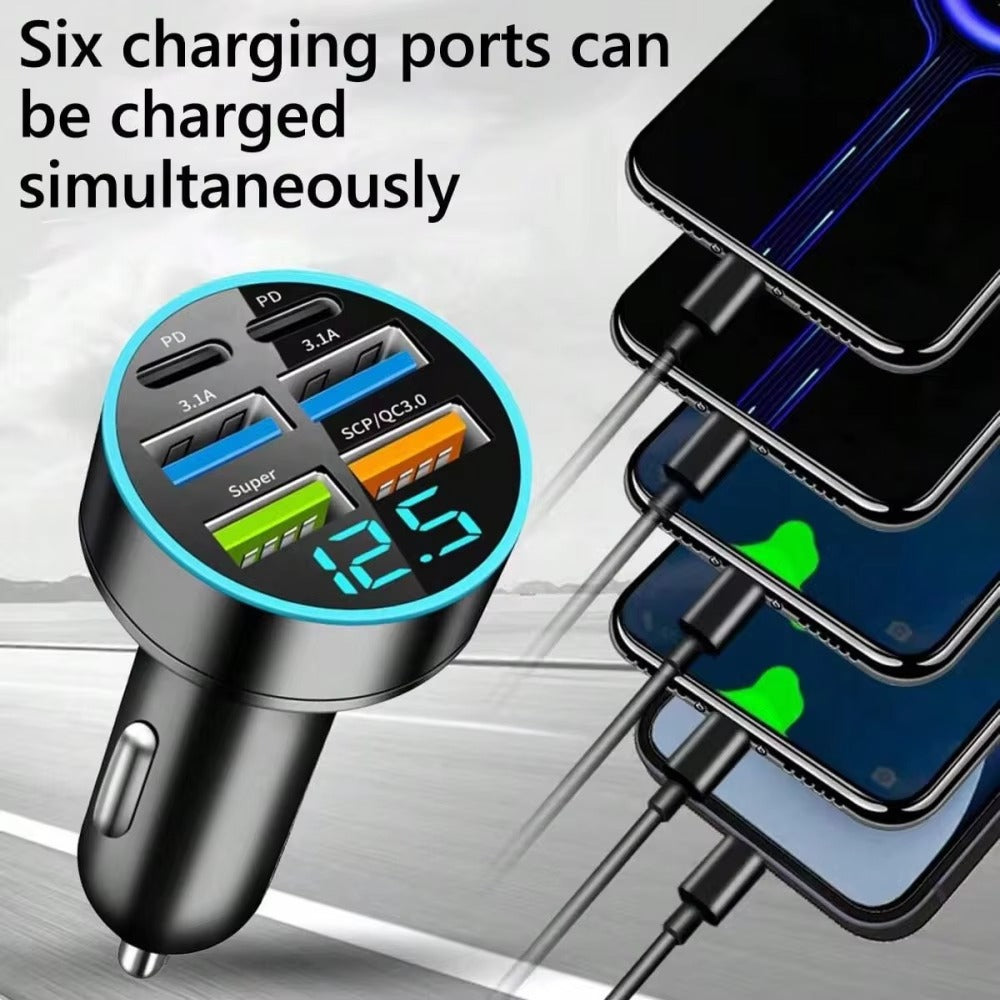 Premium 250W USB Car Charger with Digital Display – 6-Port Fast Charging PD QC3.0 Type-C Adapter, Intelligent Protection, Quick Charge