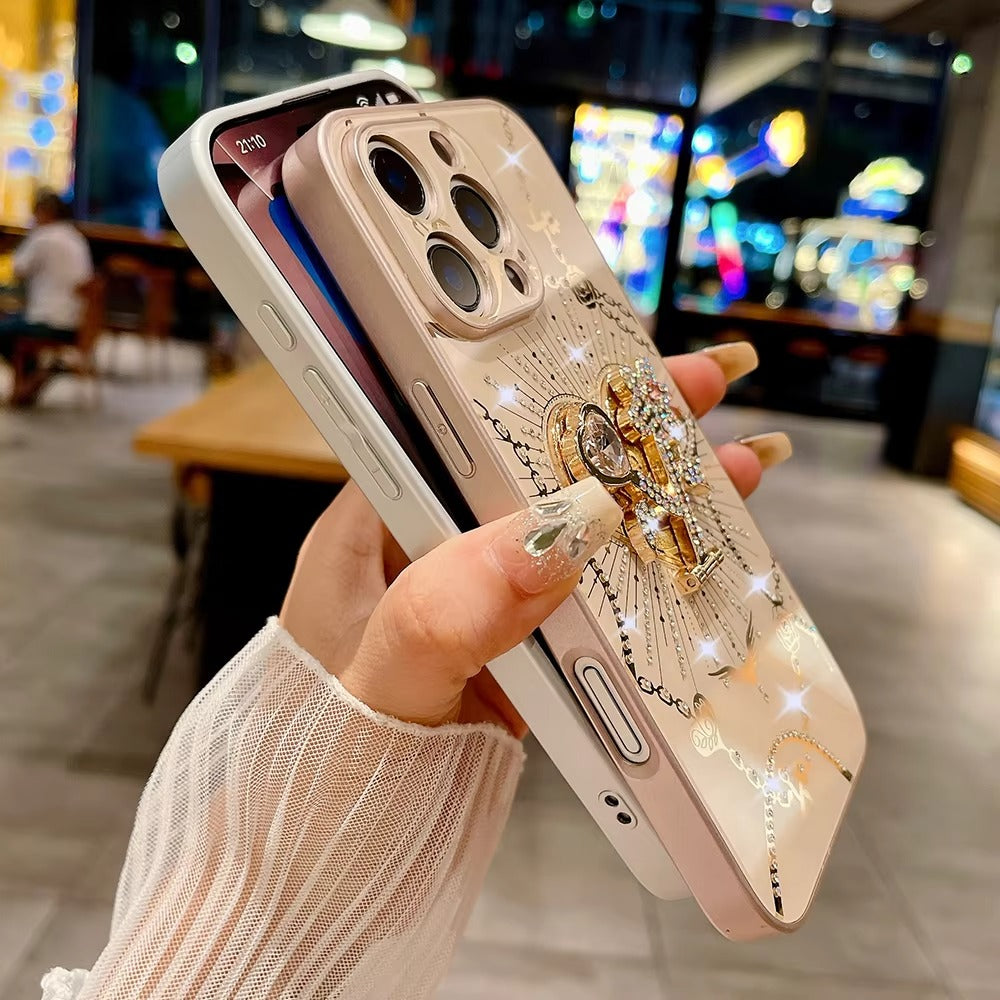 Luxury Apple iPhone Case, MagSafe Compatible, Camera Lens & Screen Protection, Ultra Thin, Shockproof, Magnetic Full All Around Cover – Glitter Crystal Heart Holder Case with Full Camera Guard & Hard Shockproof Back