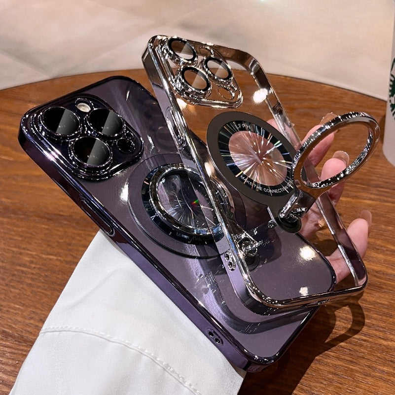 Luxury Ring Holder - Transparent Hard Acrylic Cover, Built-in Bracket, Magnetic Wireless Charging Compatible  Case for iPhone