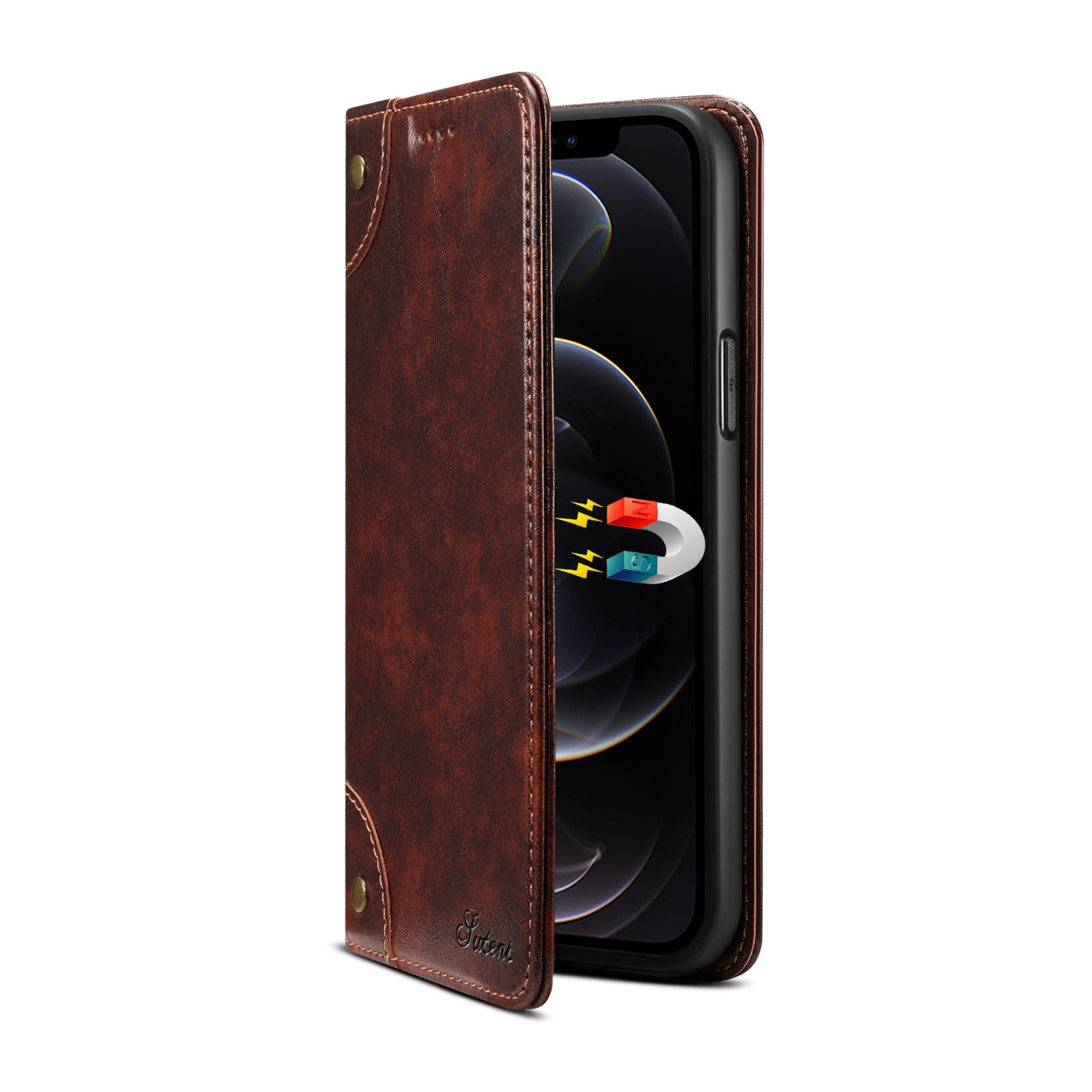 Luxury Genuine Leather Wallet Flip iPhone Case – Magnetic Closure, Card Holder, Stand Function, Shockproof Protective Cover, Classic Book-Style Design