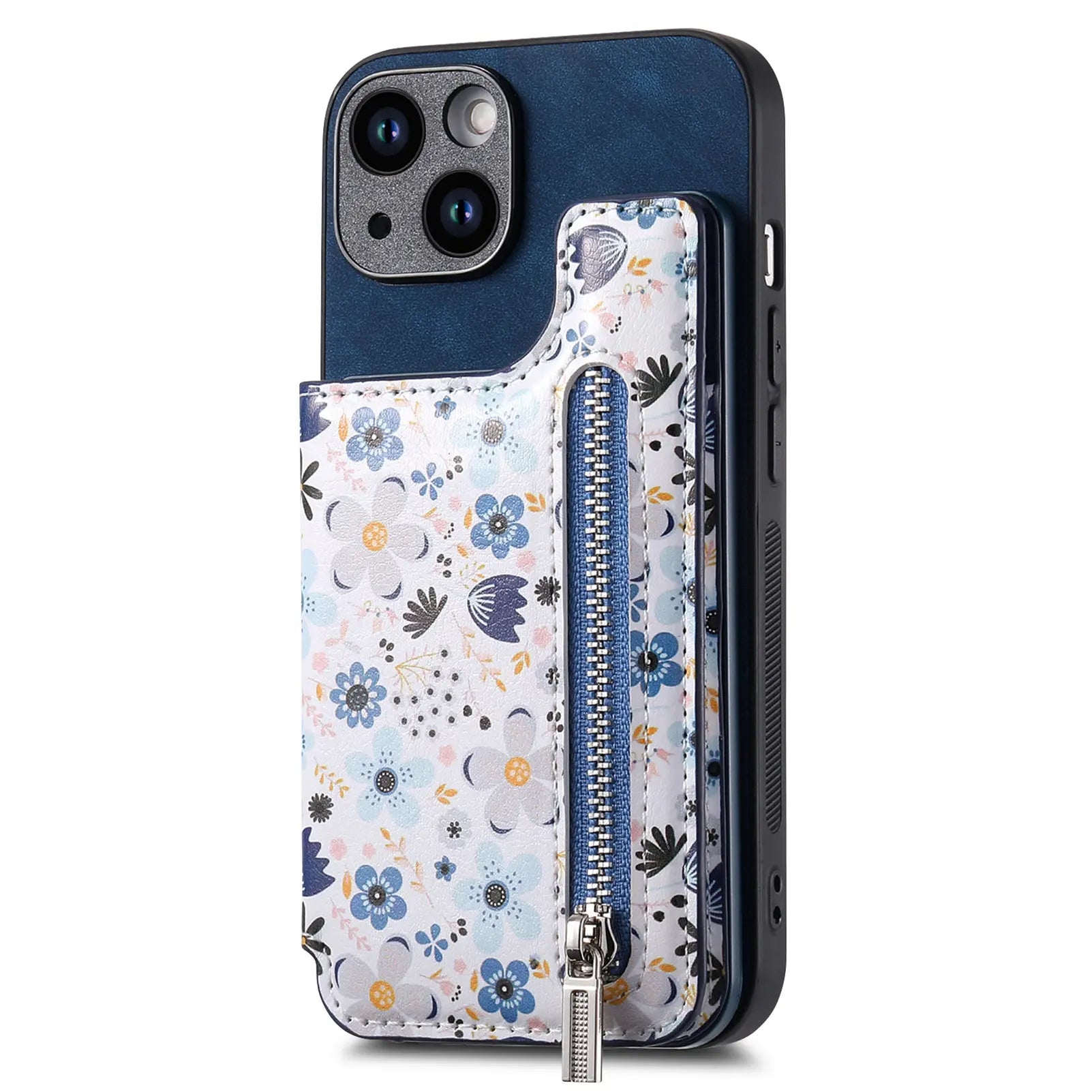 Zipper Card Slot Wallet iPhone Case – Magnetic Closure, Purse Pocket, Floral Design, Shockproof Protective Cover for iPhone