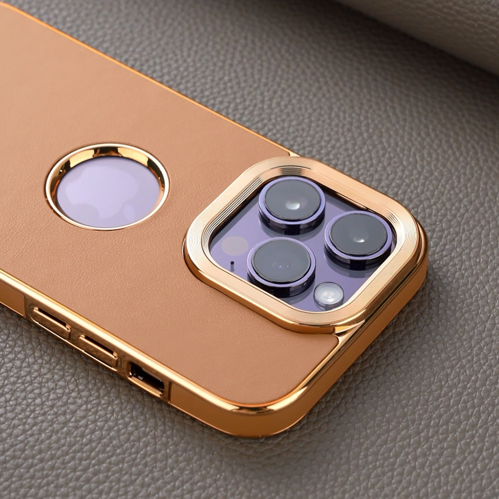 Luxury Business Cowhide Leather iPhone Case – Plating Shockproof Cover for iPhone Models, Sleek and Durable Design