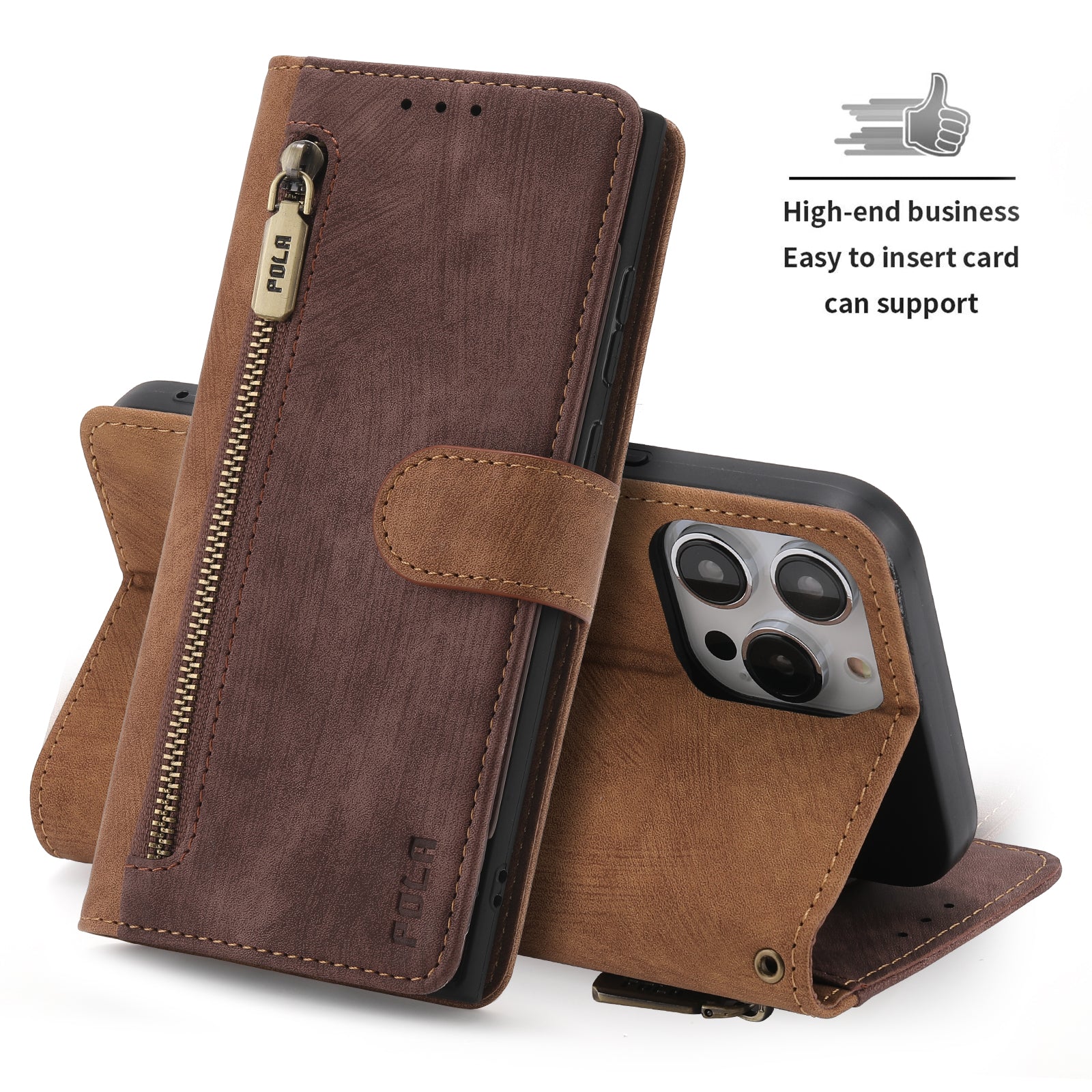 RFID Blocking Leather Wallet iPhone Case – Zipper Flip Cover, Card Slot Holder, Magnetic Stand, Shockproof Protection, Premium Design for iPhone