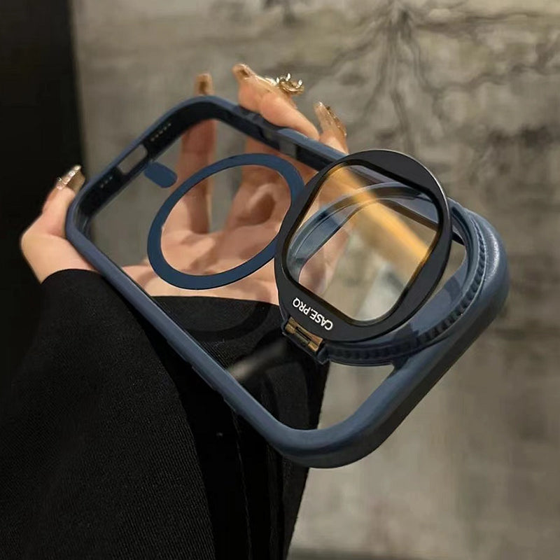 Luxury Glass Camera Stand iPhone Case - Transparent Magnetic Acrylic Cover, Wireless Charging Compatible, Case for iPhone