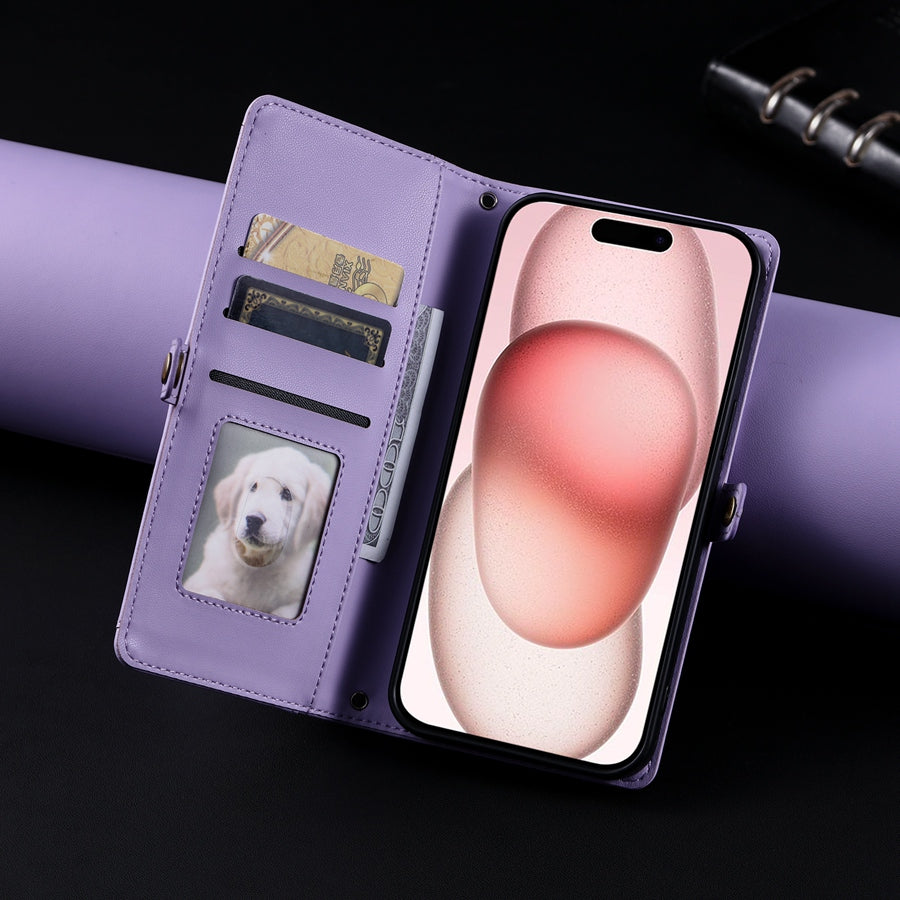 Luxury Dual-Layer Wallet iPhone Case – Flip Leather Cover with Card Slots, Photo Frame, 2 Lanyards, Shockproof Protection, and Stand Feature for iPhone