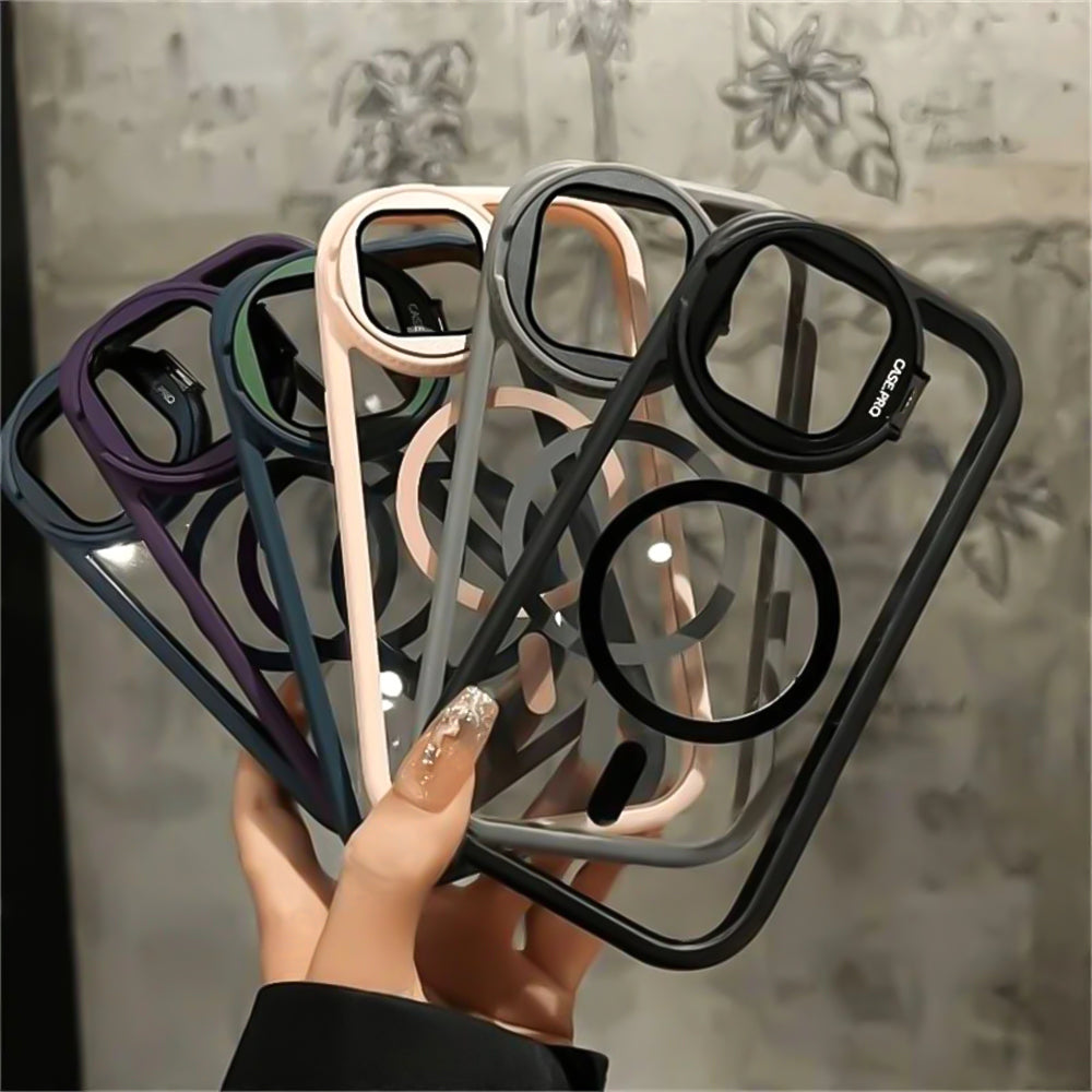 Luxury Glass Camera Stand iPhone Case - Transparent Magnetic Acrylic Cover, Wireless Charging Compatible, Case for iPhone