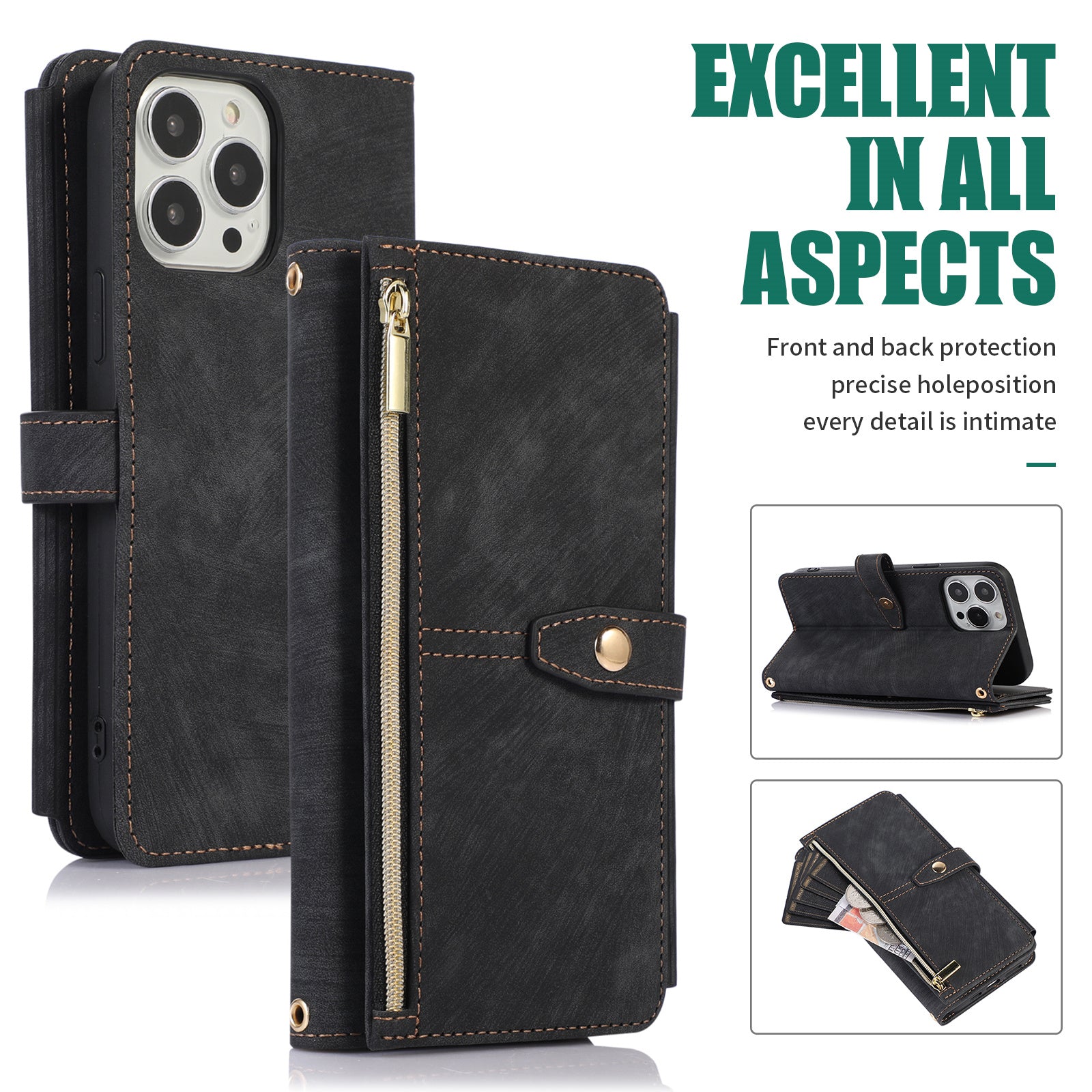 Luxury Crossbody Zipper Wallet iPhone Case – Leather Card Holder, Lanyard Strap, Closure Hands-Free Convenience for iPhone