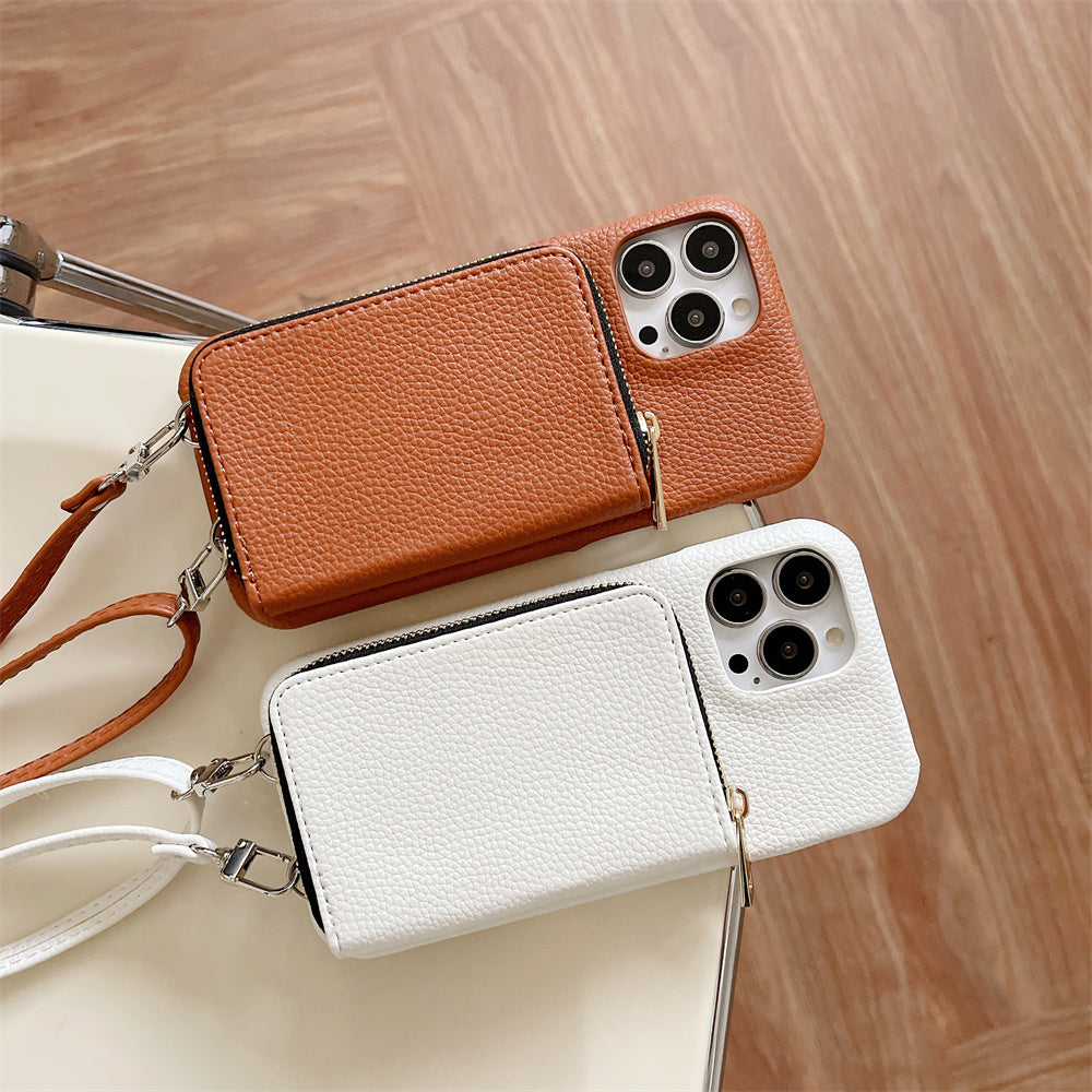 Luxury Zipper Wallet Crossbody iPhone Case – Leather Cover with , Shoulder Lanyard, and Full Protection for iPhone Models