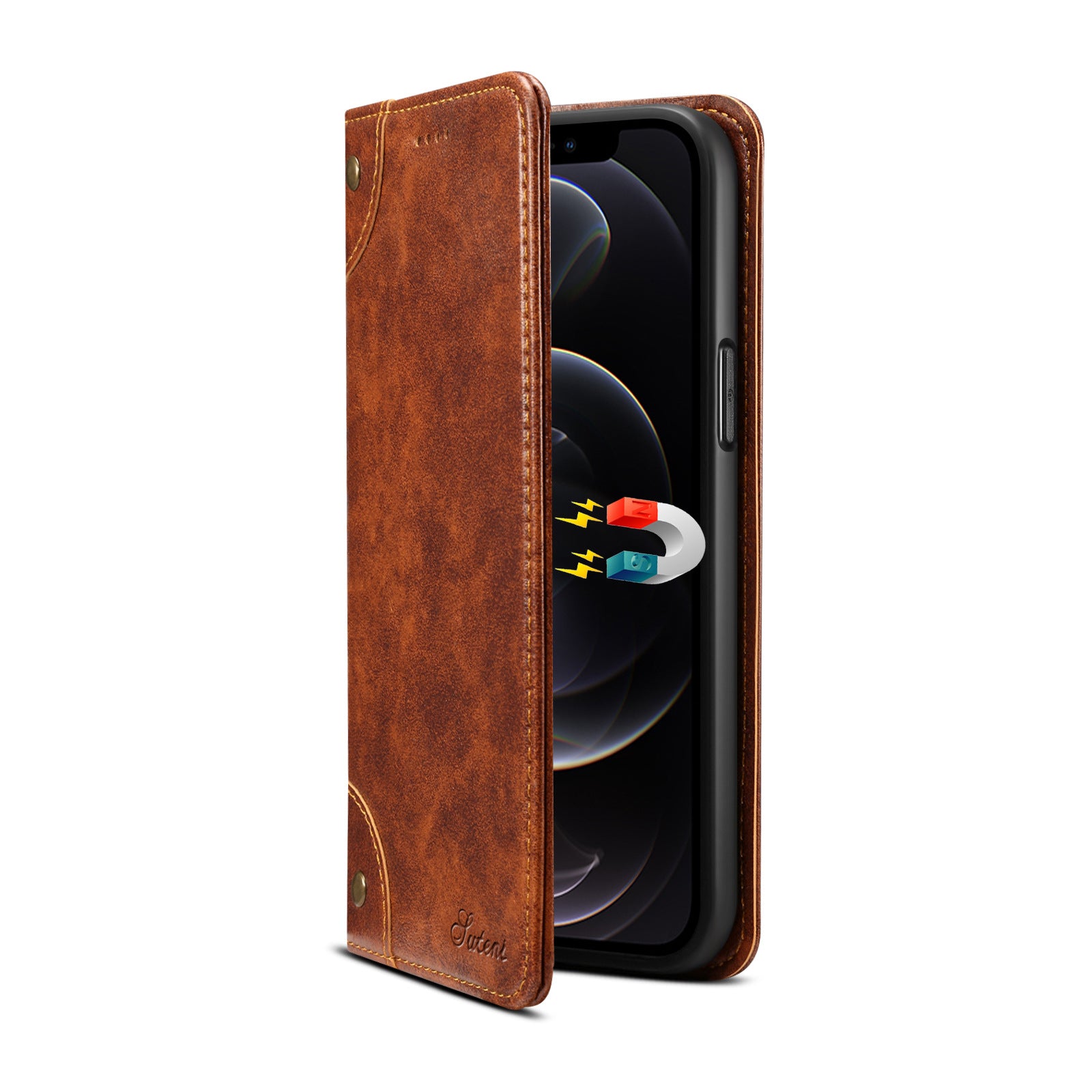 Luxury Genuine Leather Wallet Flip iPhone Case – Magnetic Closure, Card Holder, Stand Function, Shockproof Protective Cover, Classic Book-Style Design