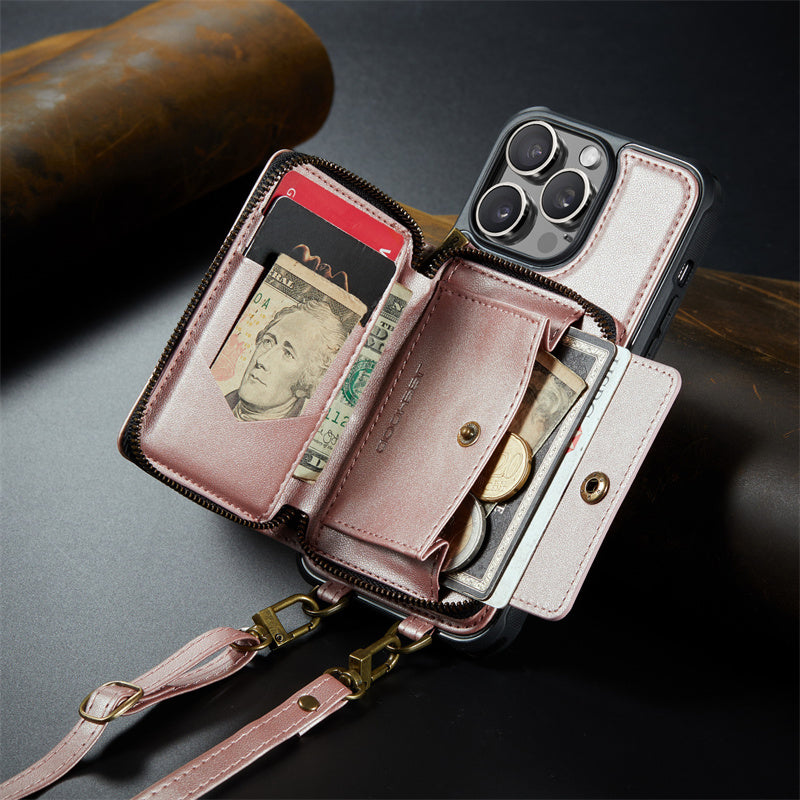 Luxury Leather Wallet Crossbody iPhone Case – Card Slot Holder, Stand Function, Hand Lanyard Strap, Shockproof Protection for iPhone