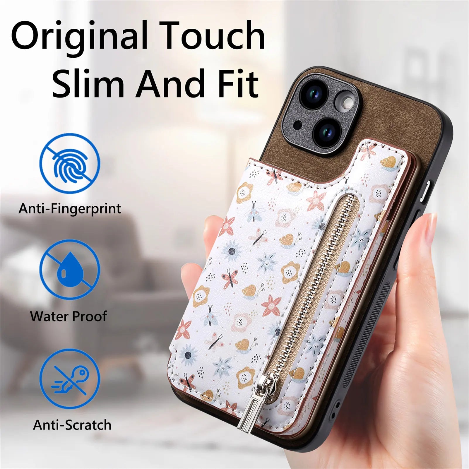 Zipper Card Slot Wallet iPhone Case – Magnetic Closure, Purse Pocket, Floral Design, Shockproof Protective Cover for iPhone