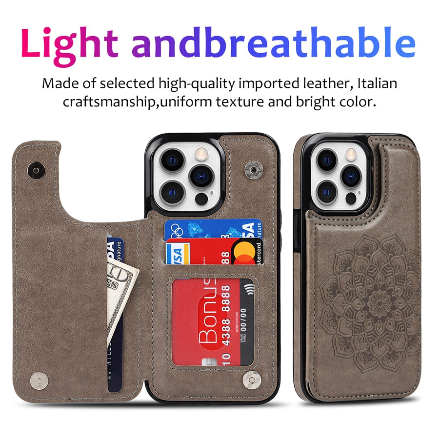 Luxury Wallet Datura Double Buckle iPhone Case – Magnetic Flip, Card Slot, Protective & Stylish Leather Cover Case for iPhone