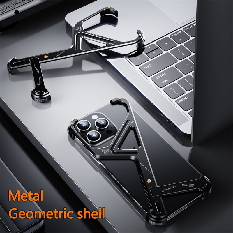 Luxury Geometric Metal iPhone Case – Aluminum Alloy Shockproof Cover with  Stand for iPhone Models Stylish and Durable Design