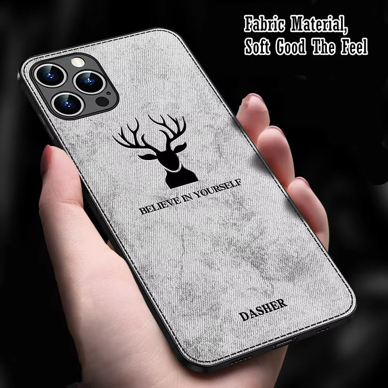 Premium  Fashion Cloth iPhone Case – Built-in Magnetic Iron, Deer & Cat Design Durable Protective Shell | Case for iPhone