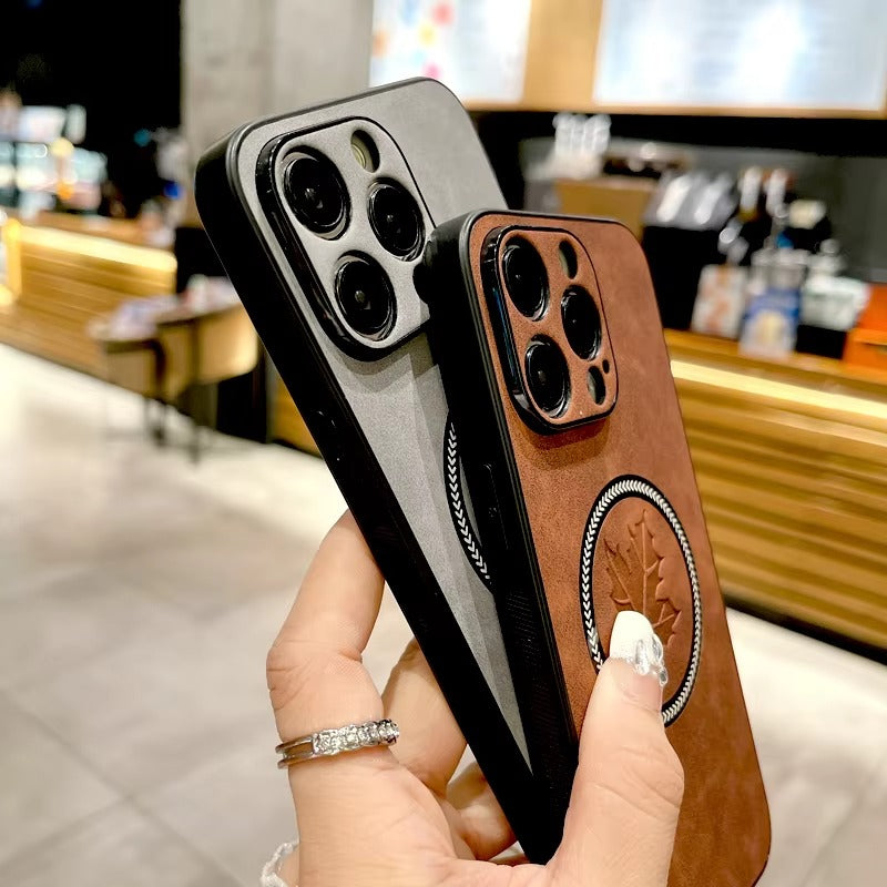 Premium Retro Leather Maple Leaf iPhone Case – MagSafe Charging, Stylish & Durable Full Protection Cover | Case for iPhone