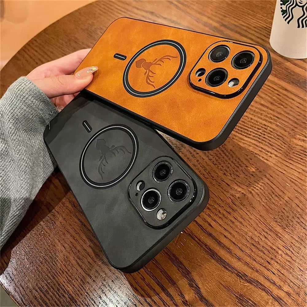 Luxury PU Leather MagSafe iPhone Case – Deer Embossed Design,  Stylish & Durable Full Protection Cover | Case for iPhone