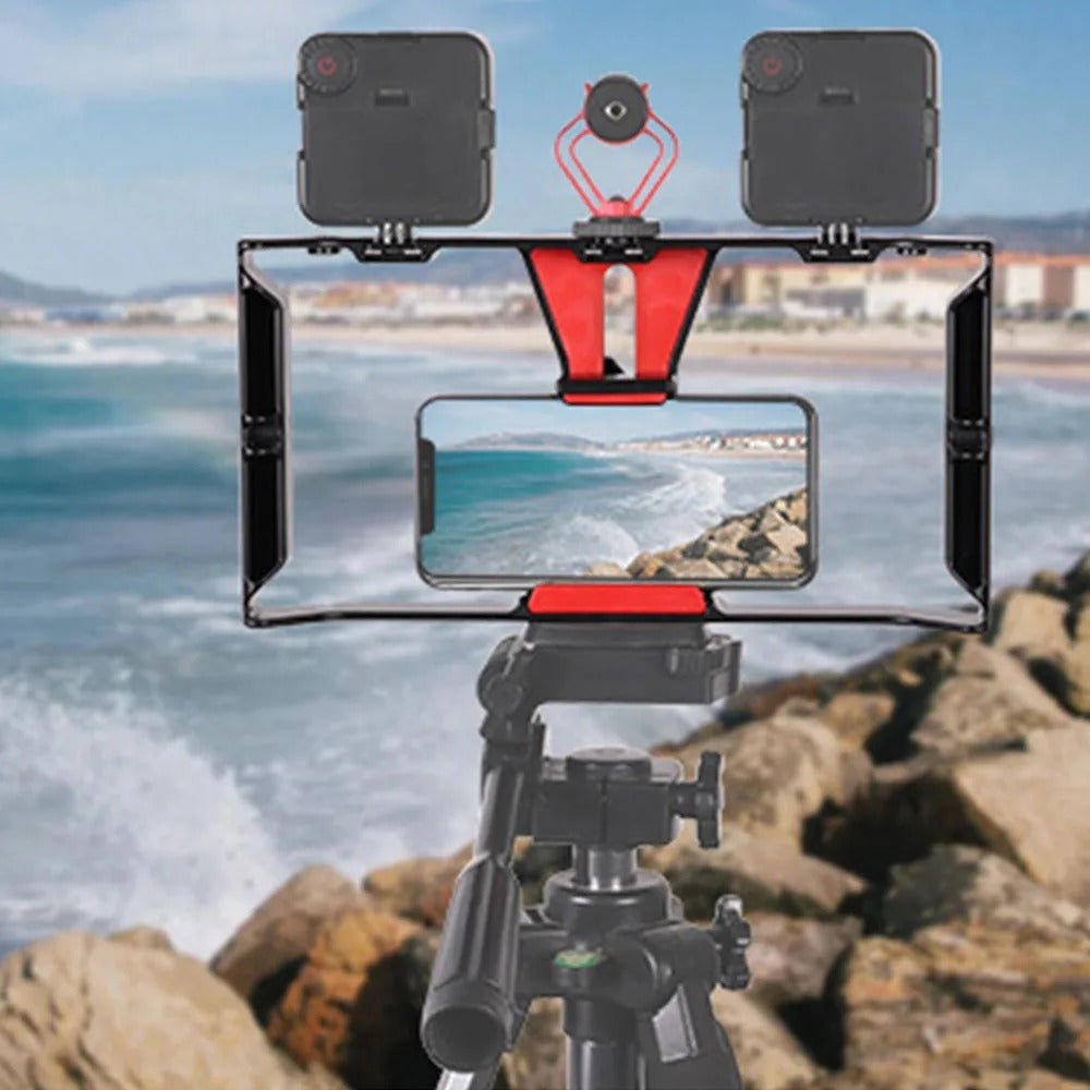 Robust Smartphone Video Rig Stabilizer with Dual Handgrips – Universal Handheld Phone Cage for YouTube, Live Streaming, Vlogging, LED & Mic Mount