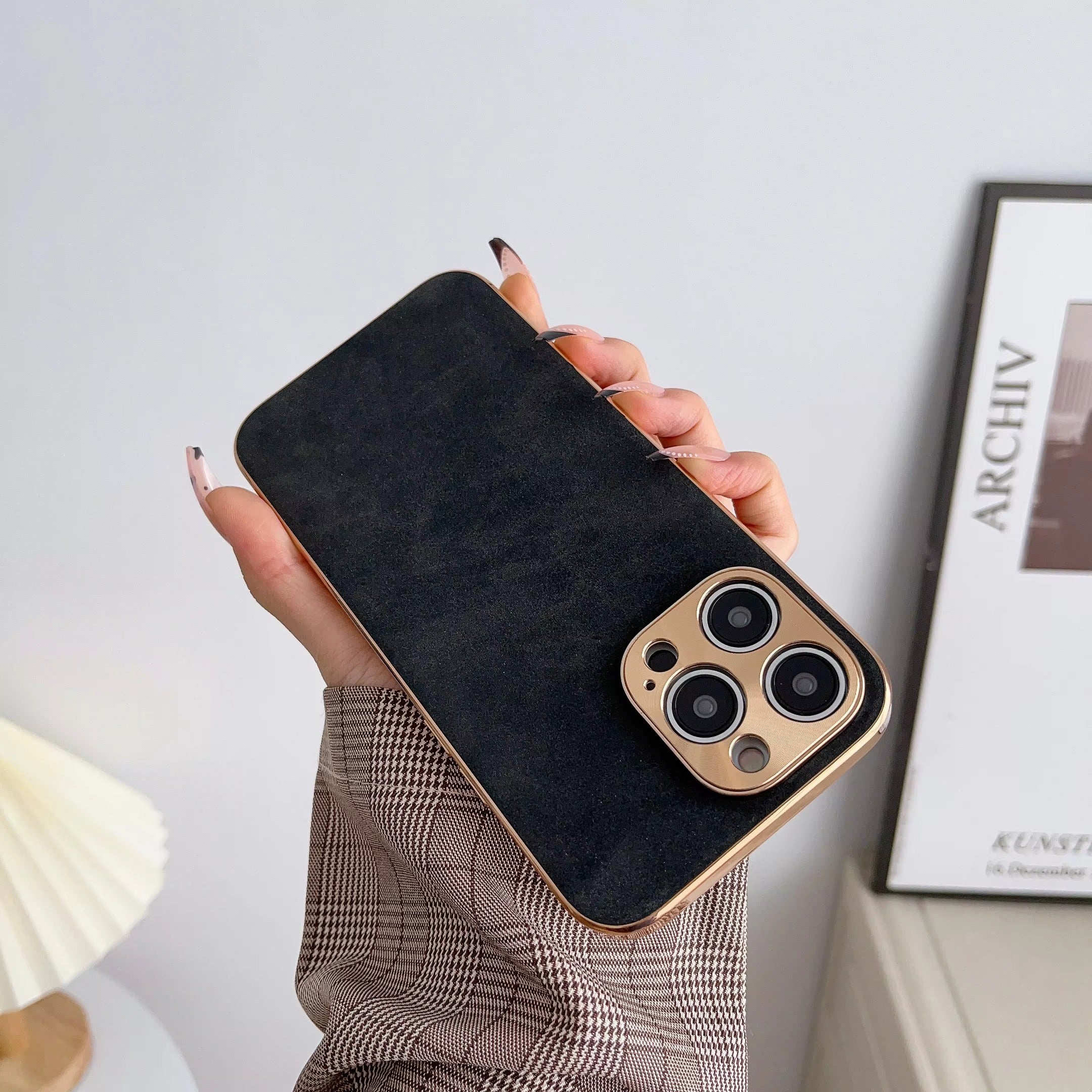 Luxury Lambskin Leather iPhone Case – Electroplated Frame, Soft & Durable Shell, Stylish Protection for Everyday Use 