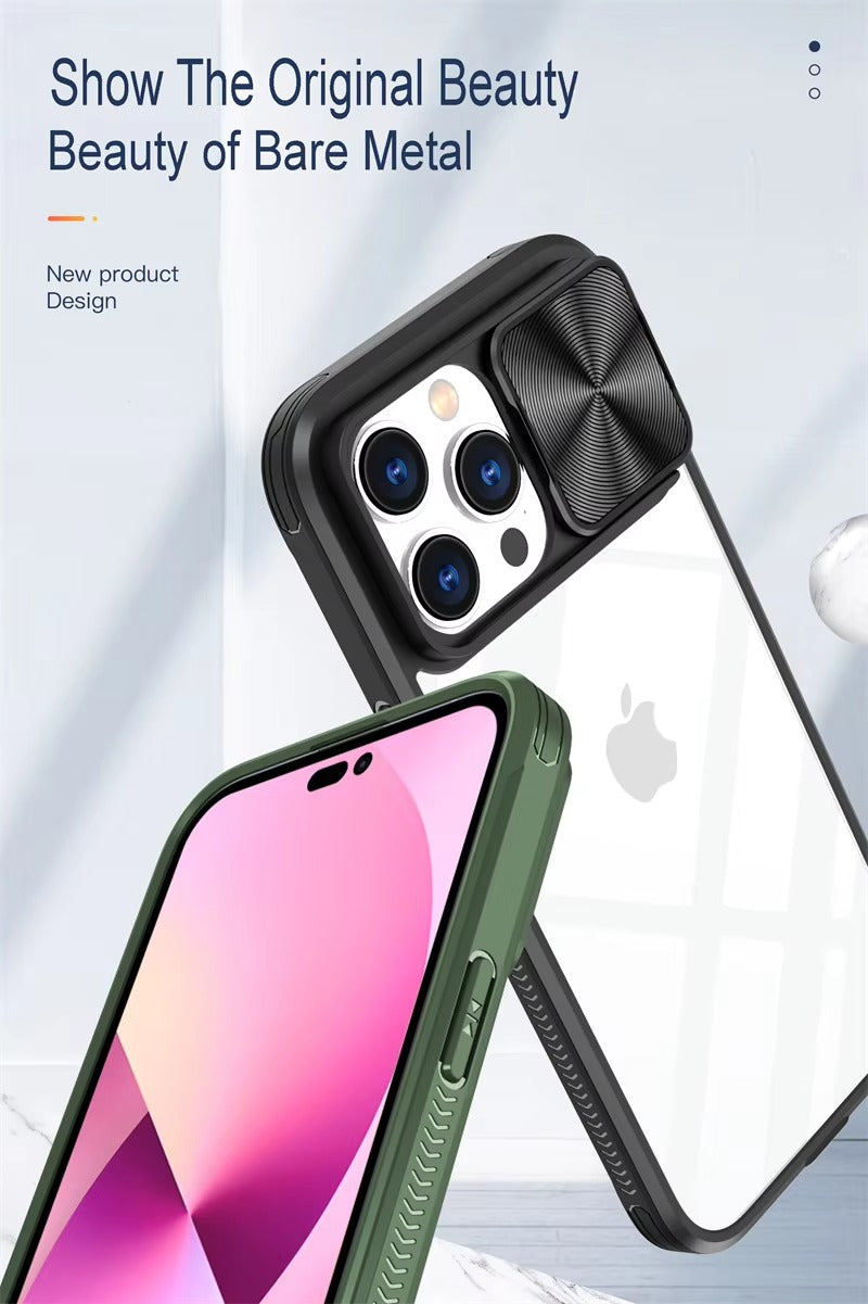 High Quality Apple iPhone Case MagSafe Compatible, Camera Lens & Screen Protection, Cover with Slide Lens & Clear PC Bumper