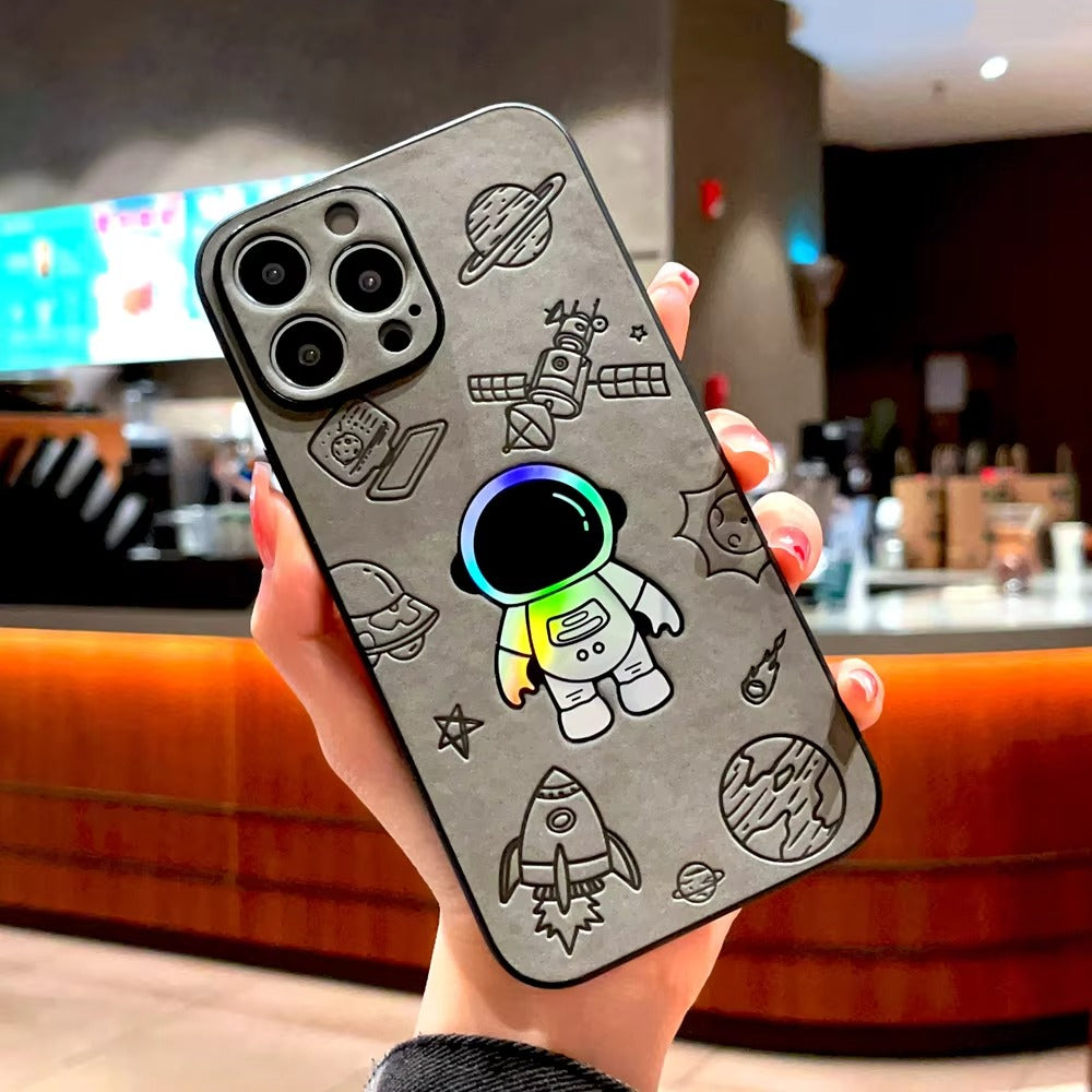 Premium  Gradient Laser Astronaut iPhone Case – Faux Leather, Full Back Protection, Stylish & Durable Cover | Case for iPhone