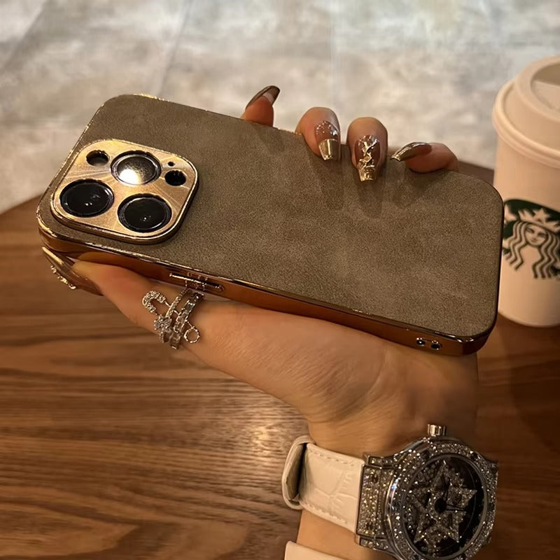 Luxury Leather iPhone Case – Lambskin Texture, Plating Bumper, Metal Lens Protection, Stylish & Durable Cover Case for iPhone