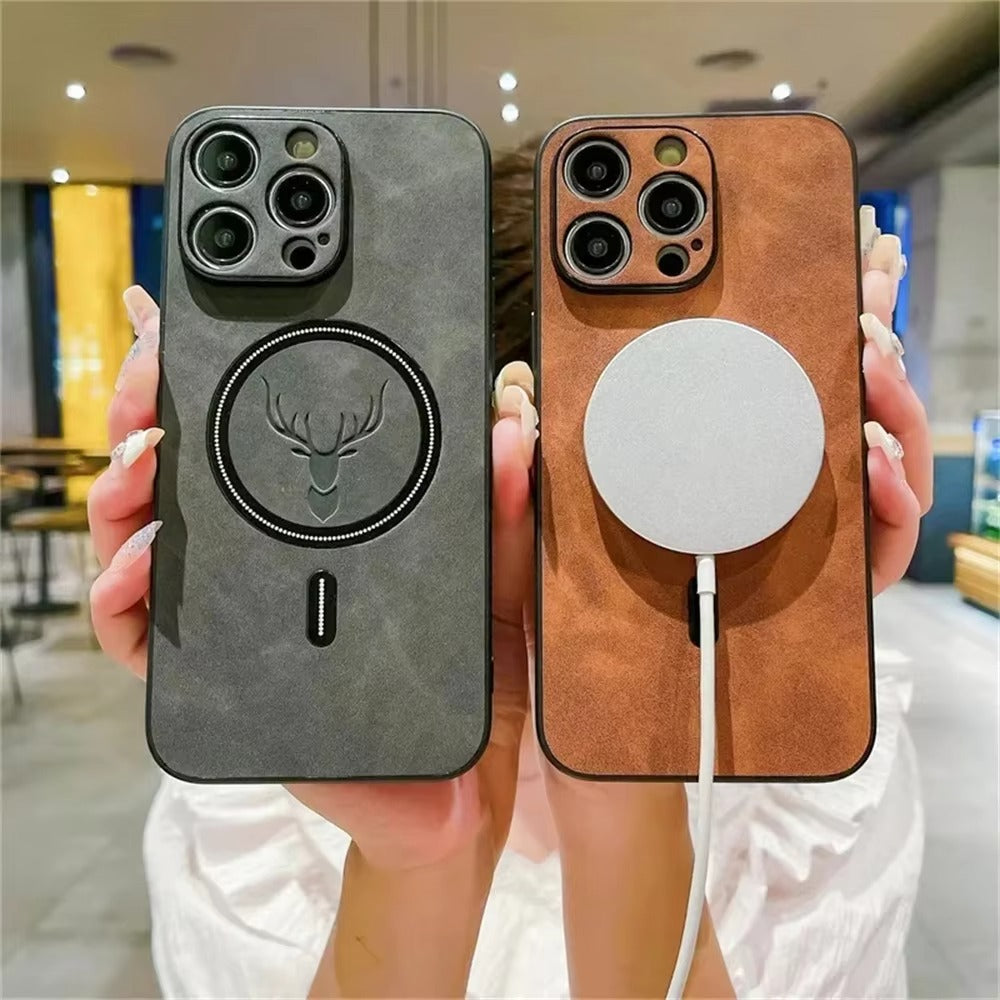 Luxury PU Leather MagSafe iPhone Case – Deer Embossed Design,  Stylish & Durable Full Protection Cover | Case for iPhone
