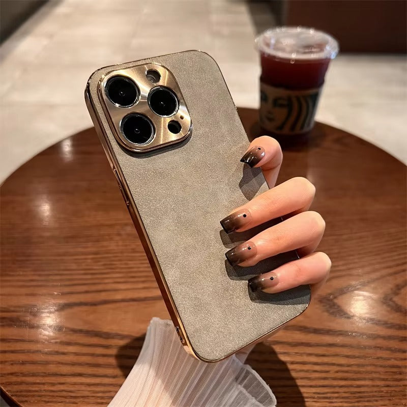 Luxury Leather iPhone Case – Lambskin Texture, Plating Bumper, Metal Lens Protection, Stylish & Durable Cover Case for iPhone