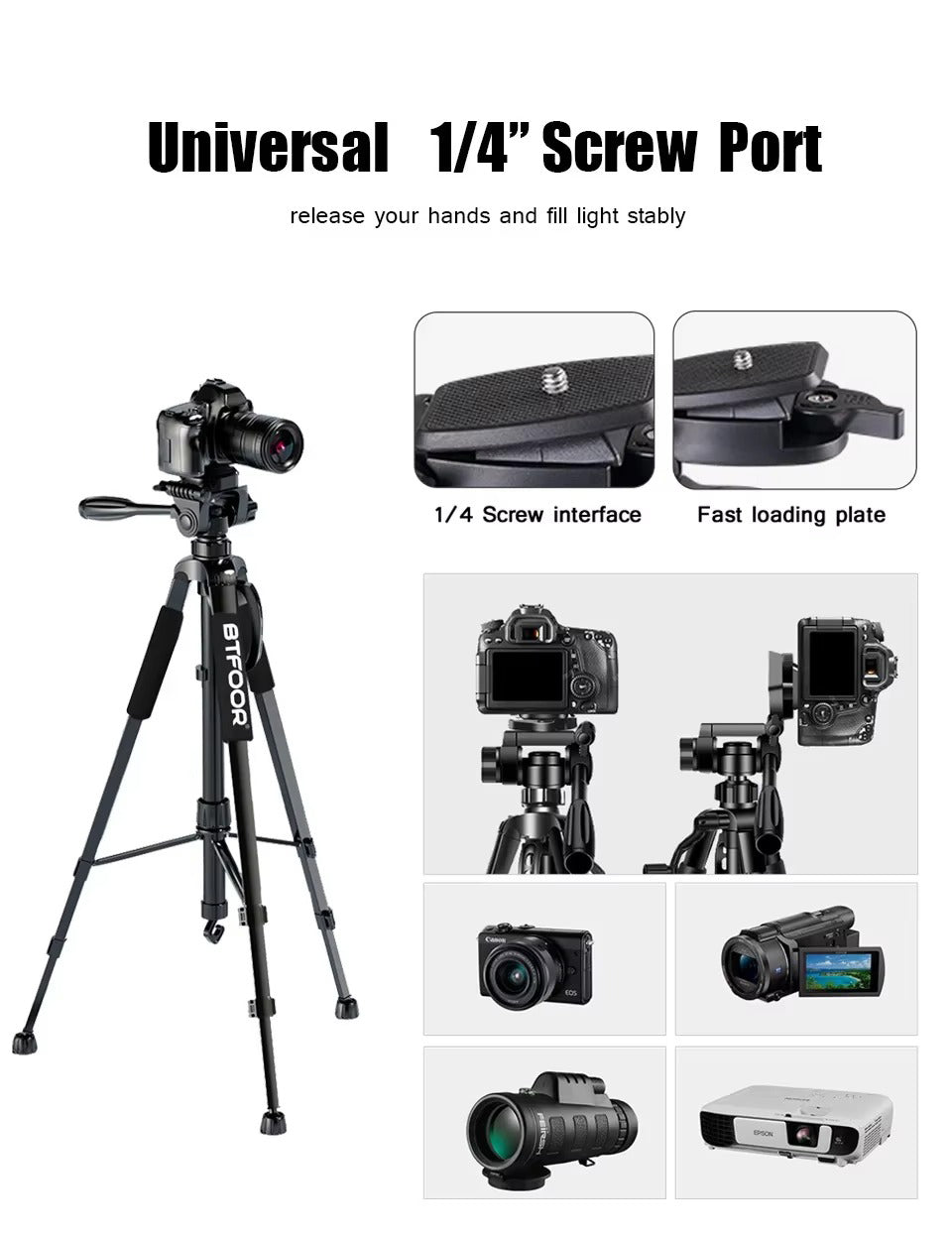 Premium, 55" Aluminum Phone Tripod Stand – 140cm Height, Quick Release Plates, Adjustable Pan Head Mount for Travel