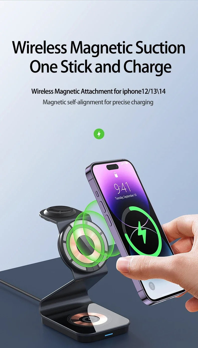 Luxury 3 in 1 Magnetic Wireless Charger Stand – Transparent Fast Charging Dock for iPhone, Apple Watch, AirPods with Aluminum Alloy Design, 15W Output