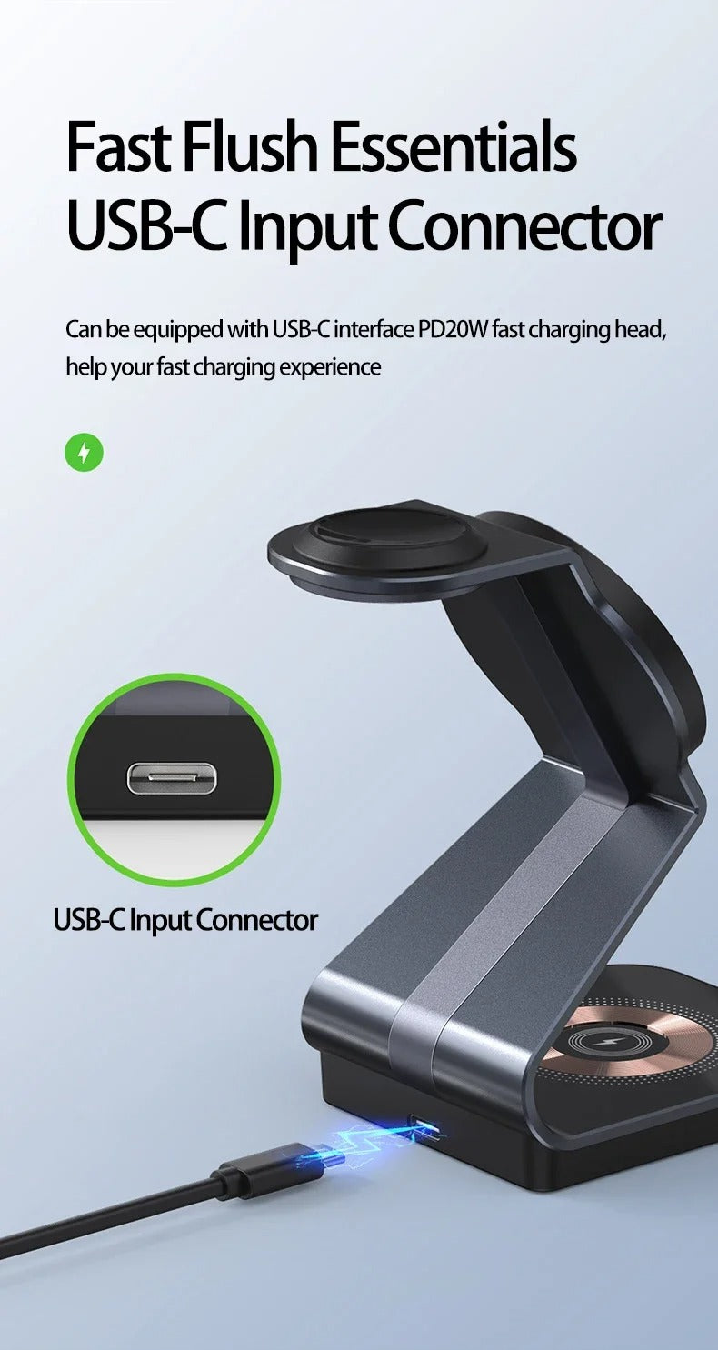 Luxury 3 in 1 Magnetic Wireless Charger Stand – Transparent Fast Charging Dock for iPhone, Apple Watch, AirPods with Aluminum Alloy Design, 15W Output