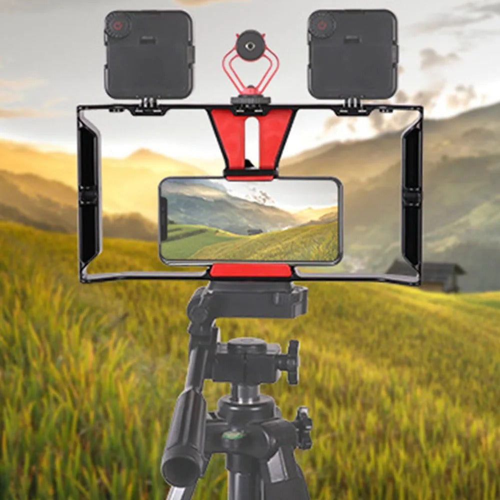 Robust Smartphone Video Rig Stabilizer with Dual Handgrips – Universal Handheld Phone Cage for YouTube, Live Streaming, Vlogging, LED & Mic Mount
