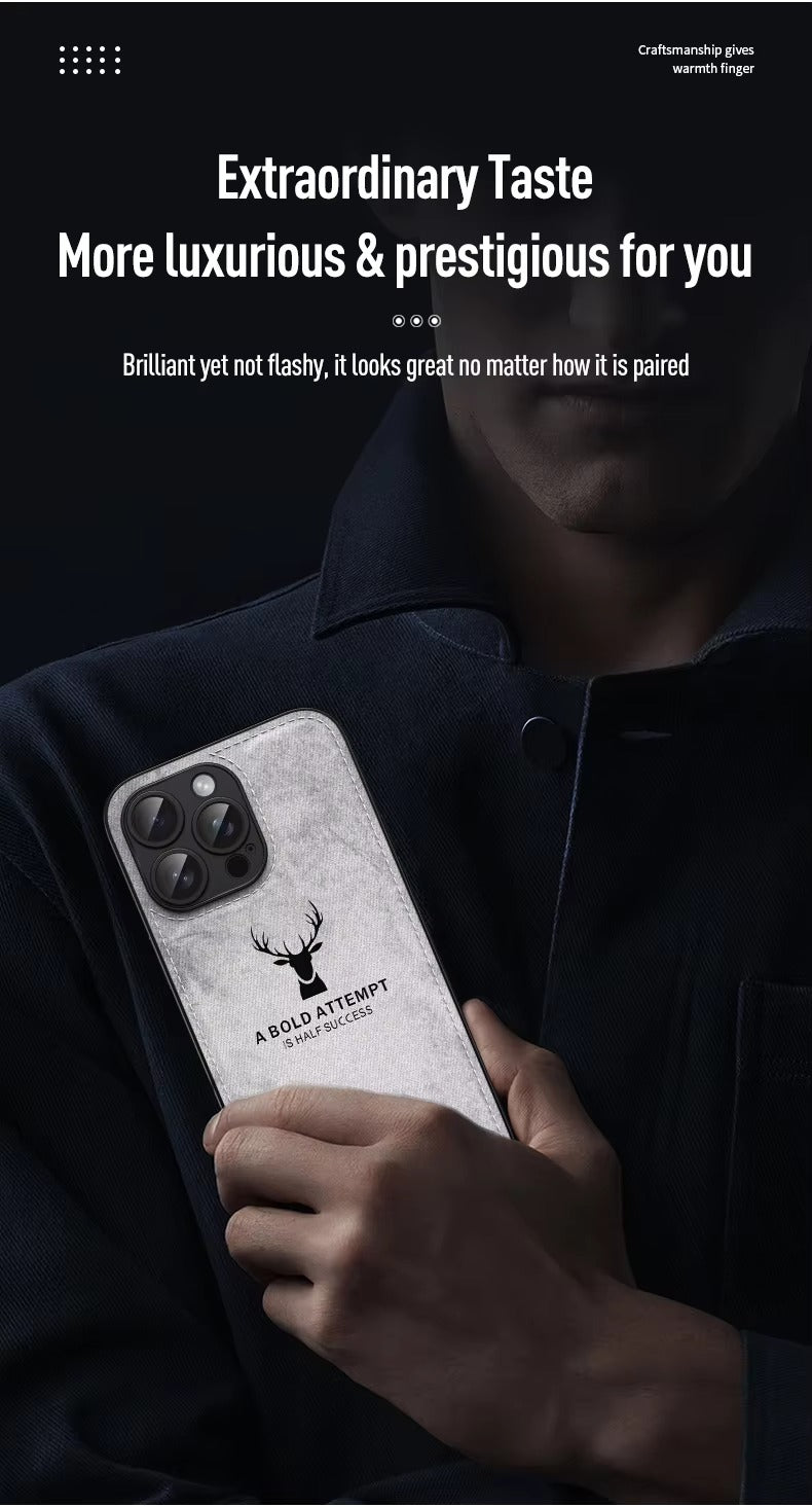 Luxury Cloth Leather Texture iPhone Case – Deer Head Pattern, Shockproof, Stylish Design for Daily Use | Case for iPhone