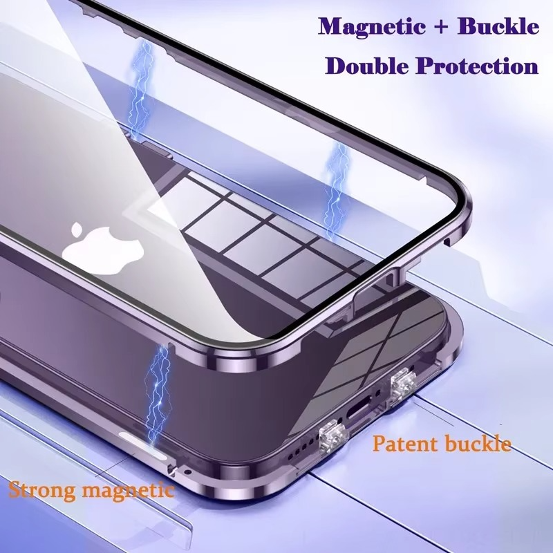 Luxury Apple iPhone Case, MagSafe Compatible, Camera Lens and Screen Protection, Ultra Thin, Shockproof, Magnetic, Full All Around Protection, Double Glass Lock Bumper Case