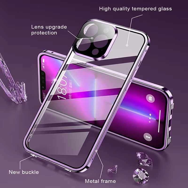 Luxury Apple iPhone Case, MagSafe Compatible, Camera Lens and Screen Protection, Ultra Thin, Shockproof, Magnetic, Full All Around Protection, Double Glass Lock Bumper Case